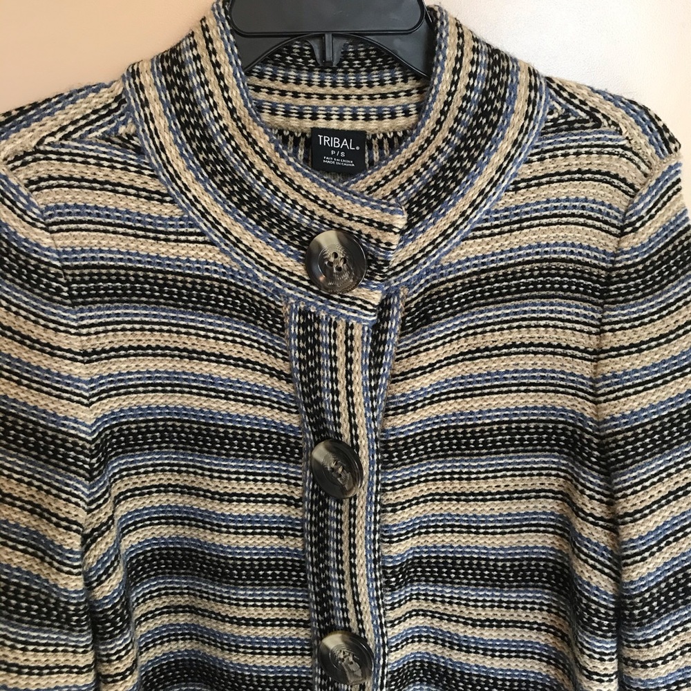 Tribal Knit PS jacket of black tan and blue